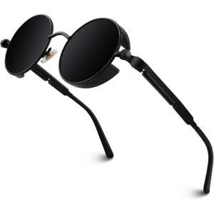 GQUEEN Lunettes de Soleil Polarisées Ronde Rétro Métal Cadre Steampunk pour Homme et Femme Unisexe Avec Protection UV400(1 Noir Gris)