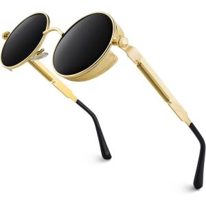 GQUEEN Lunettes de Soleil Polarisées Ronde Rétro Métal Cadre Steampunk pour Homme et Femme Unisexe Avec Protection UV400(1 Or Gris)