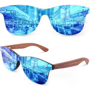GQUEEN Lunettes de soleil Homme Femme Bois Vintage Polarisées Classique 100% Protection UV400(1 Monture Noire Brillante / Lentille Miroir Bleue)