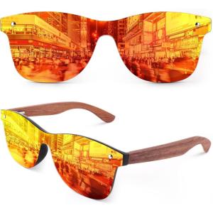 GQUEEN Lunettes de soleil Homme Femme Bois Vintage Polarisées Classique 100% Protection UV400(1 Monture Noire Brillante / Lentille Miroir Rouge)