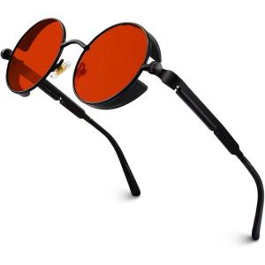 GQUEEN Lunettes de soleil polarisées Steampunk rétro rondes MTS2(1 Noir Rouge(non Polarisées))
