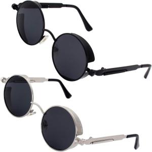 GQUEEN Lunettes de soleil polarisées Steampunk rétro rondes MTS2(2 Noir Cadre Gris Lentille & Noir Cadre Argenté Lentille)