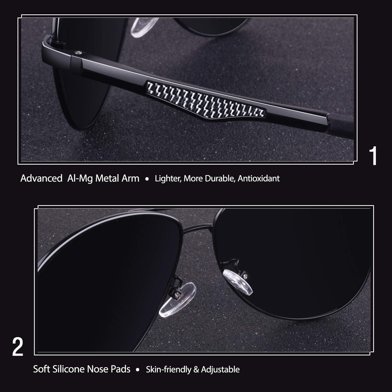 imageGQUEEN Lunettes de Soleil Homme Aviateur Premium Spring Hinges Retro AlMg Polarises Pilote MOS1Noir Gris