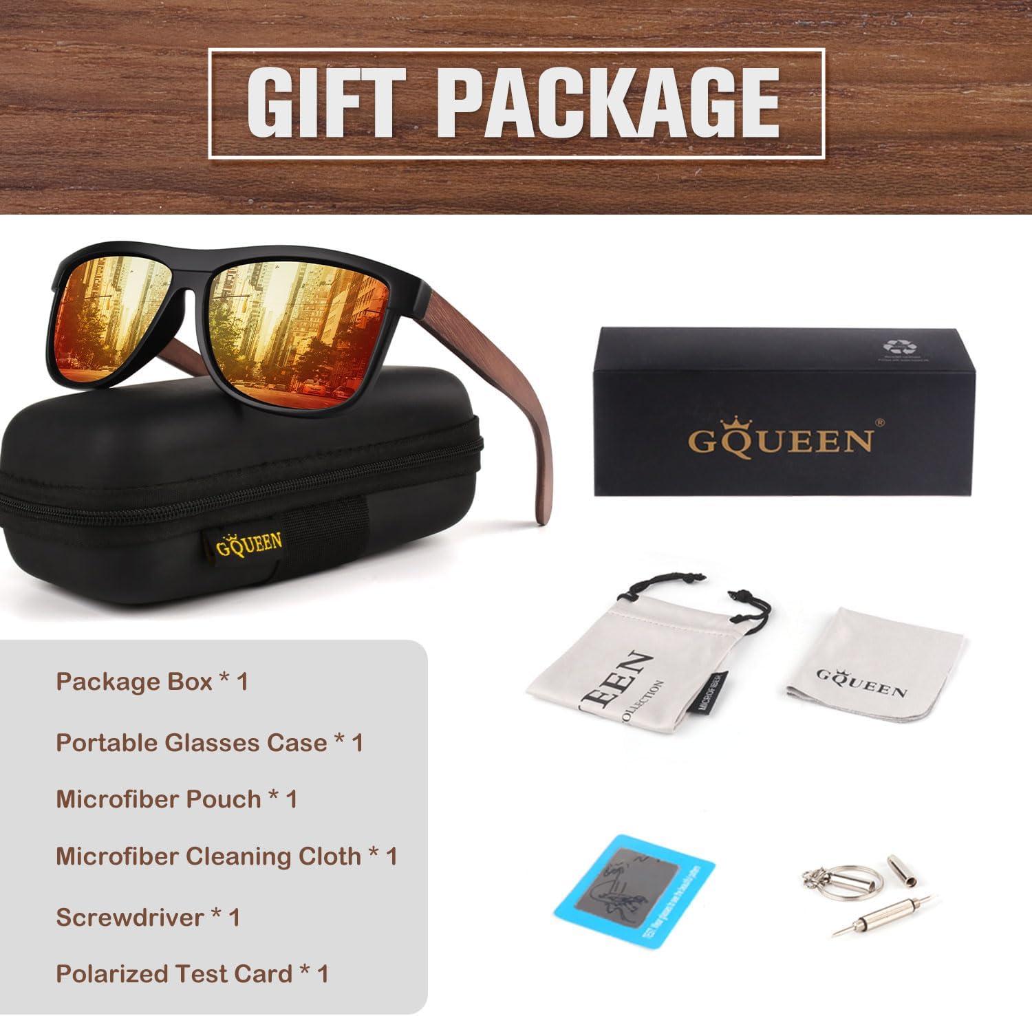 imageGQUEEN Lunettes de Soleil Polarises Classique en Bois pour Homme Femme Protection UV MOS07