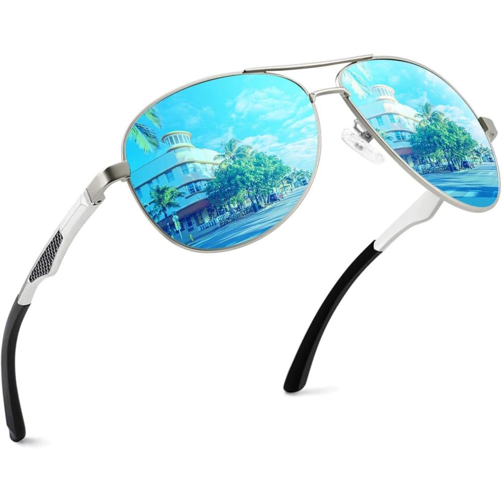 imageGQUEEN Lunettes de Soleil Homme Aviateur Premium Spring Hinges Retro AlMg Polarises Pilote MOS1Argent Bleu