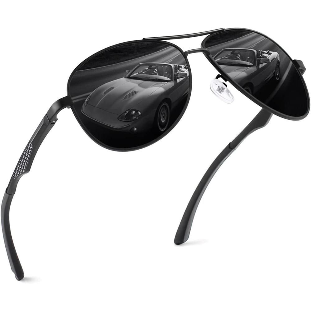 imageGQUEEN Lunettes de Soleil Homme Aviateur Premium Spring Hinges Retro AlMg Polarises Pilote MOS1Noir Gris
