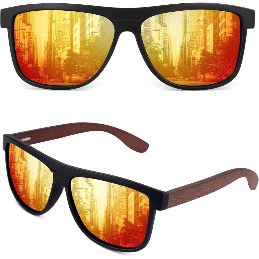 imageGQUEEN Lunettes de Soleil Polarises Classique en Bois pour Homme Femme Protection UV MOS07